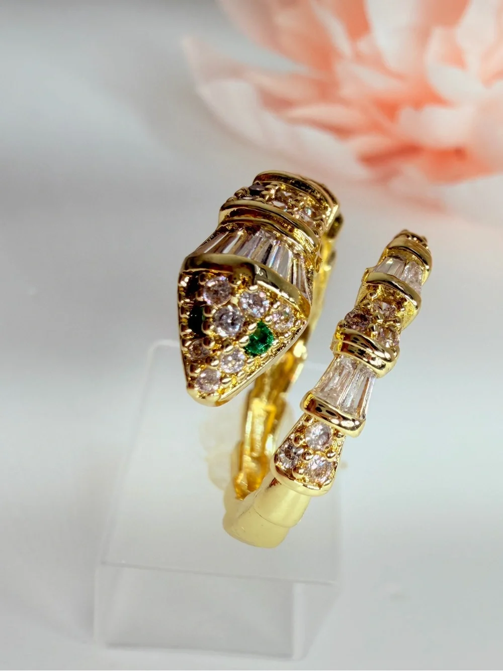 Gold Serpent-Style Ring with  Green Crystal Accents